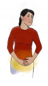 Eine Frau hält sich ihren Bauch. Sie verzieht ihr Gesicht vor Schmerzen. Um den Bauch herum wird mit einem gelben Kreis um den Bauch der Schmerz aufgezeigt.